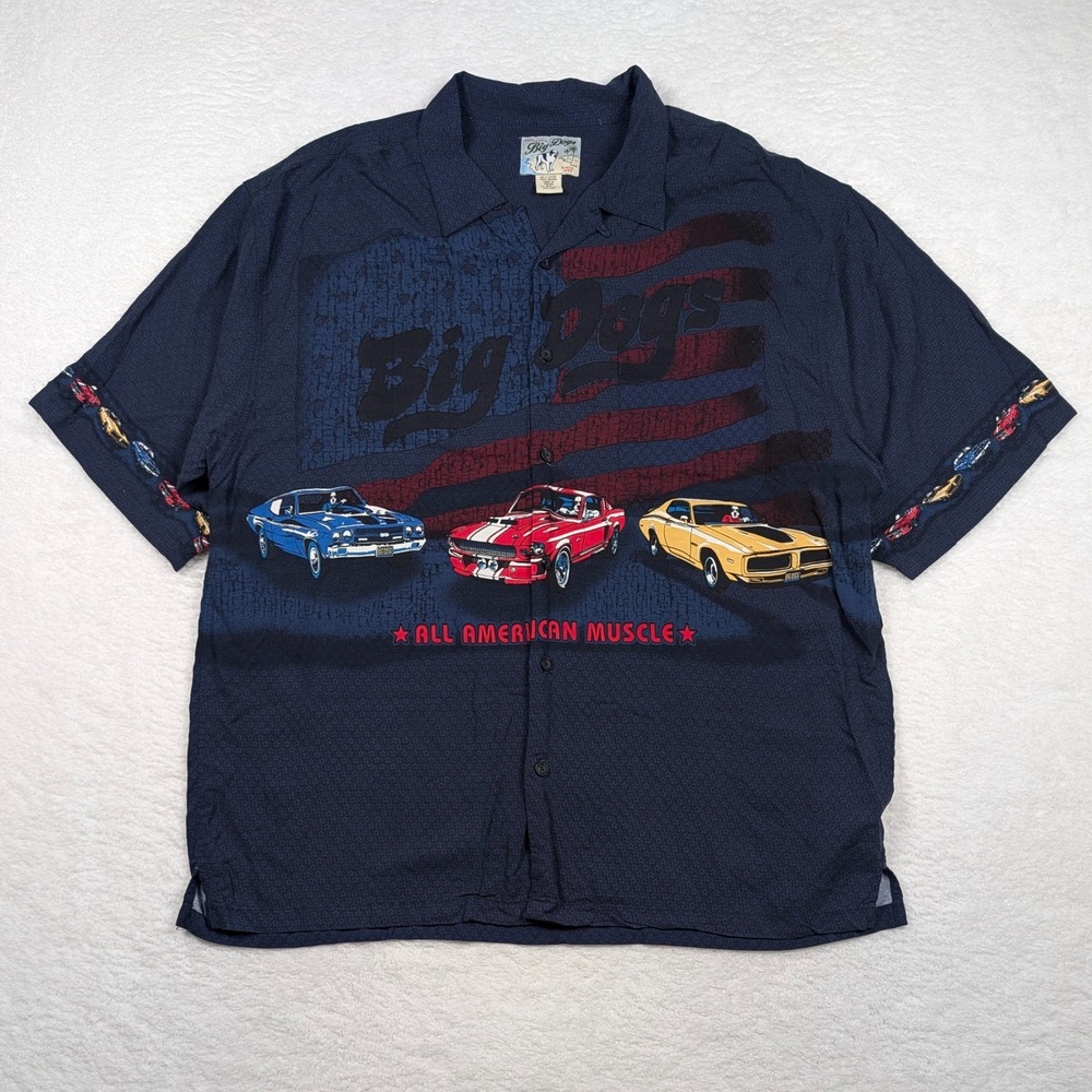 Big Dogs Shirt Mens 2XL Blue All American Muscle Car Rayon Mustang Ford Dodge